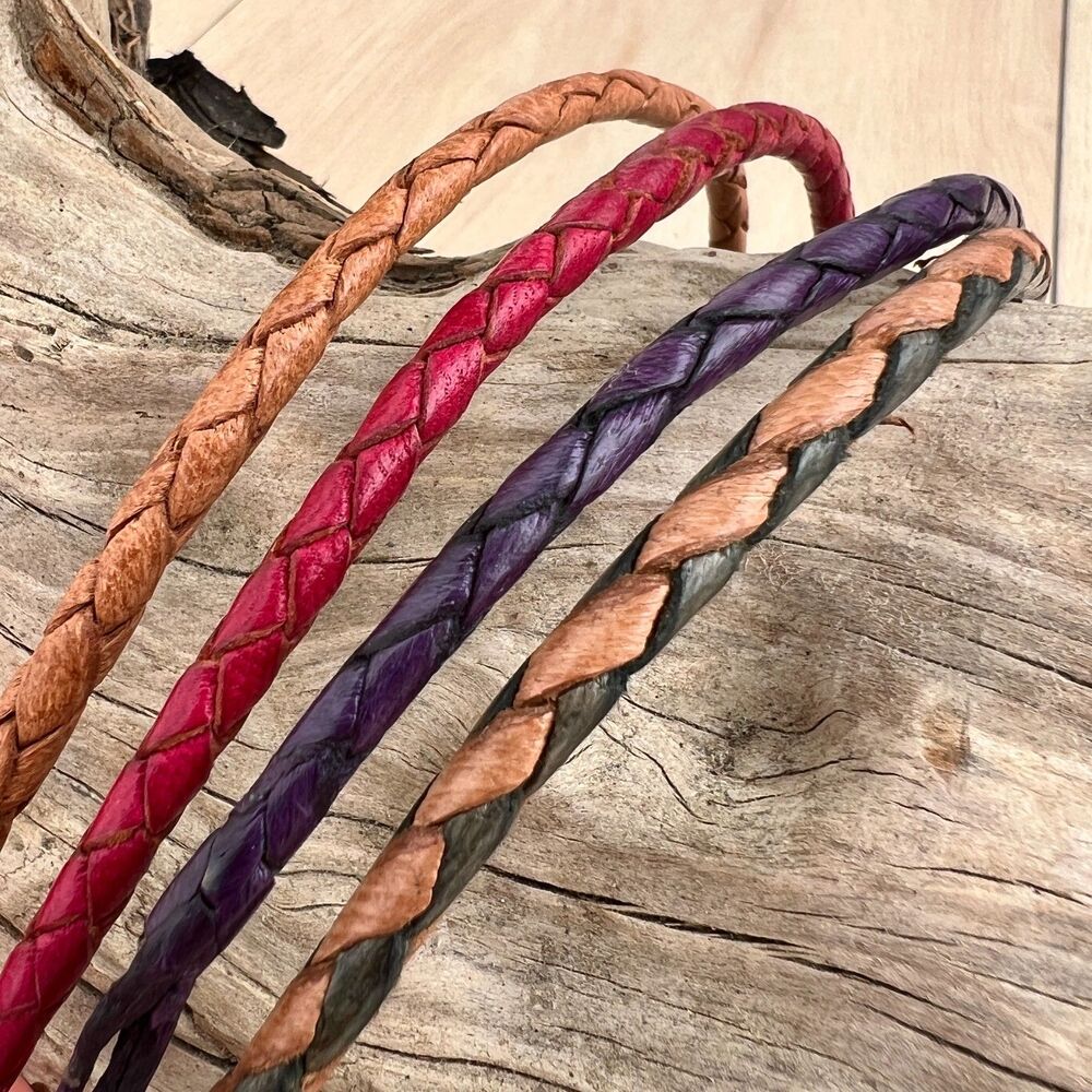 Handmade Set of 4 Genuine Leather Stacking Bracelets Magenta, Tan, Purple, Green